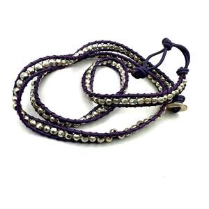 Purple Leather Silver Bead Wrap Bracelet Boho Coastal Cowgirl Western Casual